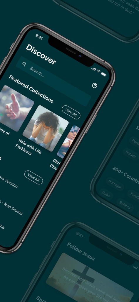 Gideon Bible App - The Discover screen of the Gideon Bible App showing featured collections for spiritual guidance and support