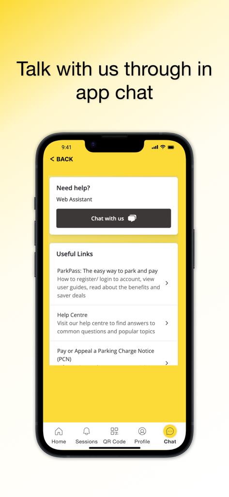 NCP - NCP mobile app interface showing the in-app chat feature and customer help center links