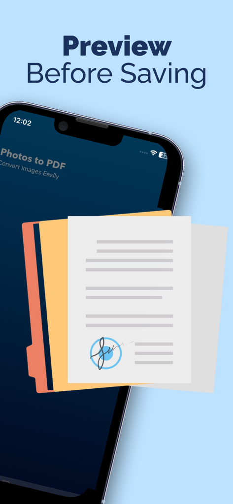 PDF Photos - JPG to PDF - Pantalla de vista previa de la aplicación PDF Photos mostrando un documento firmado