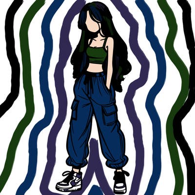 girl in baggy pants crop top and long hair