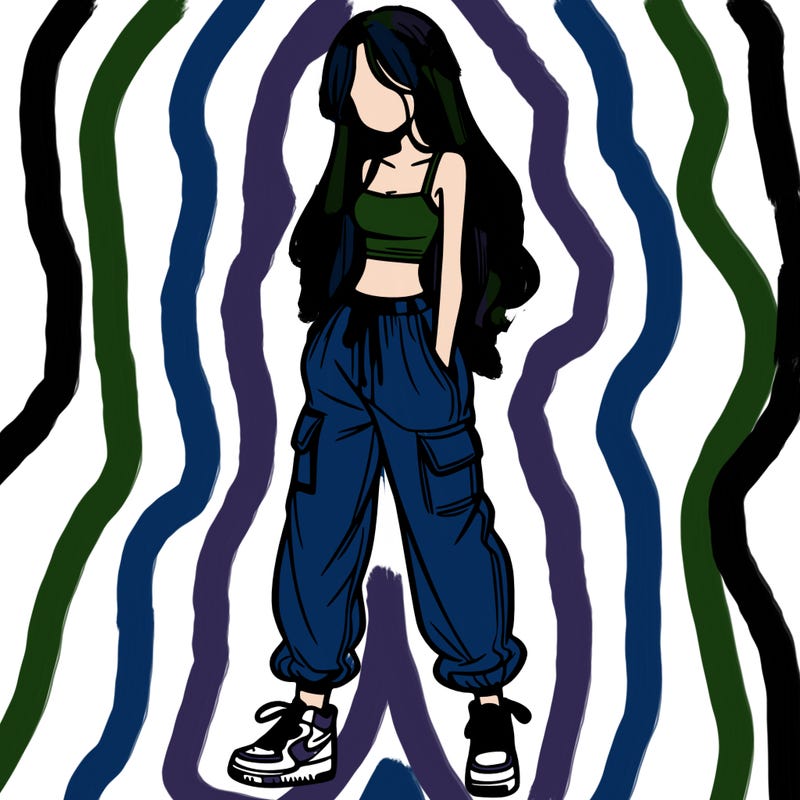 girl in baggy pants crop top and long hair