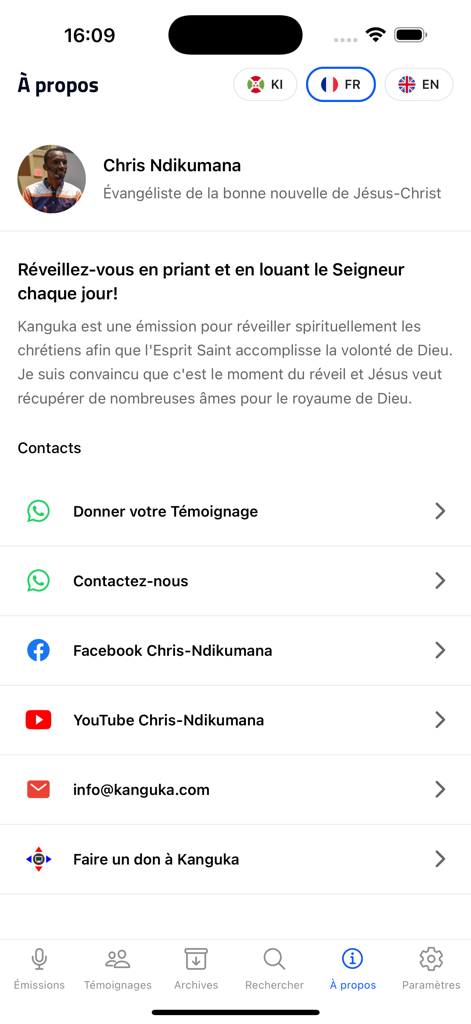 Kanguka - The About page of the Kanguka app featuring a profile of Chris Ndikumana and various social media contact links.