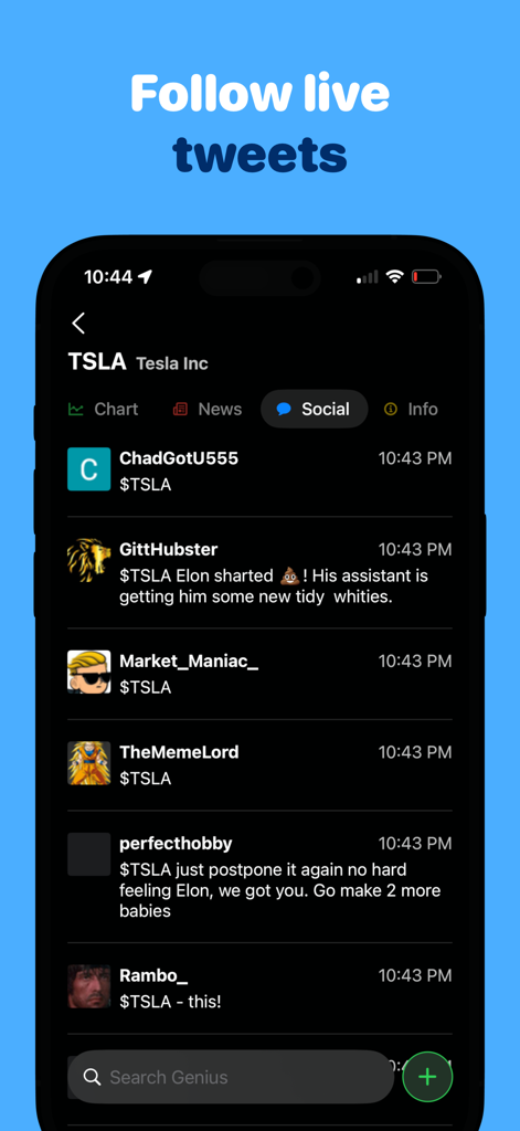 Genius: Stock Market Tracker - A smartphone screen displaying a live social media feed for Tesla stock within the Genius app.