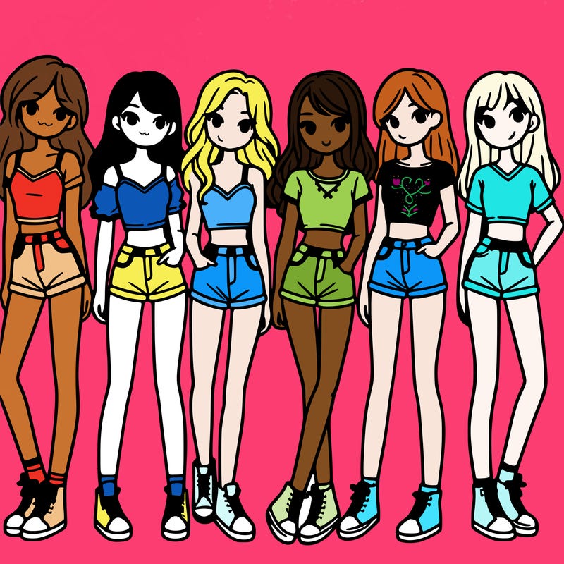 a group of girls wearing crop tops and shorts