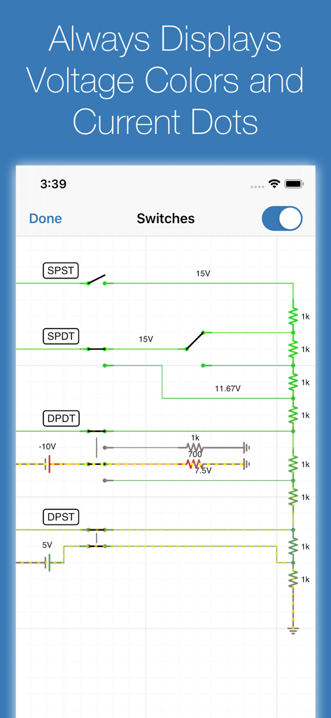 iCircuit - iCircuit app interface showing real-time circuit simulation with voltage colors and current flow indicators