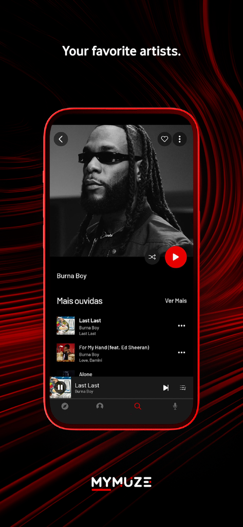 MyMuze (Music and Podcasts) - MyMuze app interface showing Burna Boy profile with popular songs list