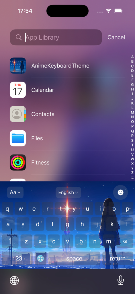 Anime Keyboard Theme - A custom anime keyboard theme with a starry night background on an iPhone