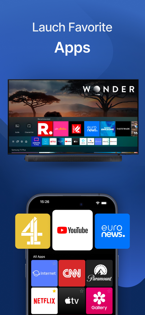 Smart Remote for Sam TV - Interfaz del Control Remoto Inteligente para TV Samsung que muestra iconos de acceso rápido para aplicaciones de streaming como YouTube y Netflix