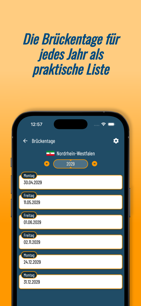 Capture d'écran d'une application de vacances allemandes montrant une liste de ponts pour l'année 2029 dans le Land de Rhénanie-du-Nord-Westphalie.