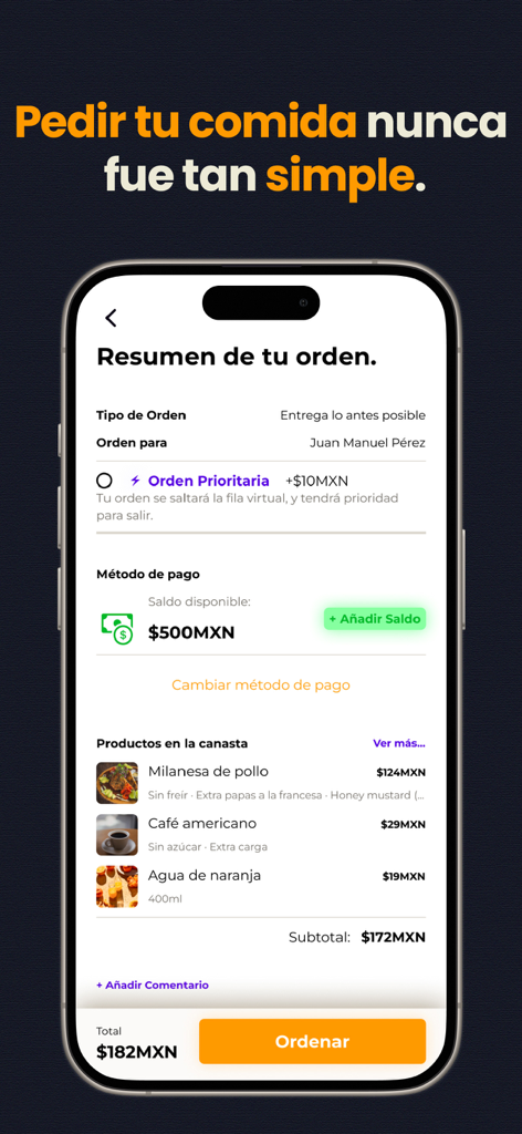 Coco APP - Schermata del riepilogo dell'ordine di Coco APP che mostra un elenco di articoli alimentari e il prezzo totale in MXN.