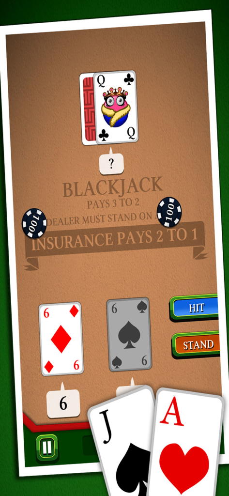 Gameplay screen of a mobile blackjack game showing a card table with hit and stand buttons