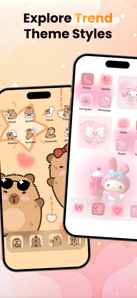 ThemeMate - Widgets & Themes - Deux iPhones présentant des thèmes d'écran d'accueil esthétiques avec des icônes et des widgets personnalisés