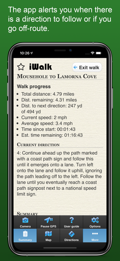 A screenshot of the iWalk Cornwall app showing real-time walk progress, remaining distance, and detailed step-by-step directions for a hiking route.