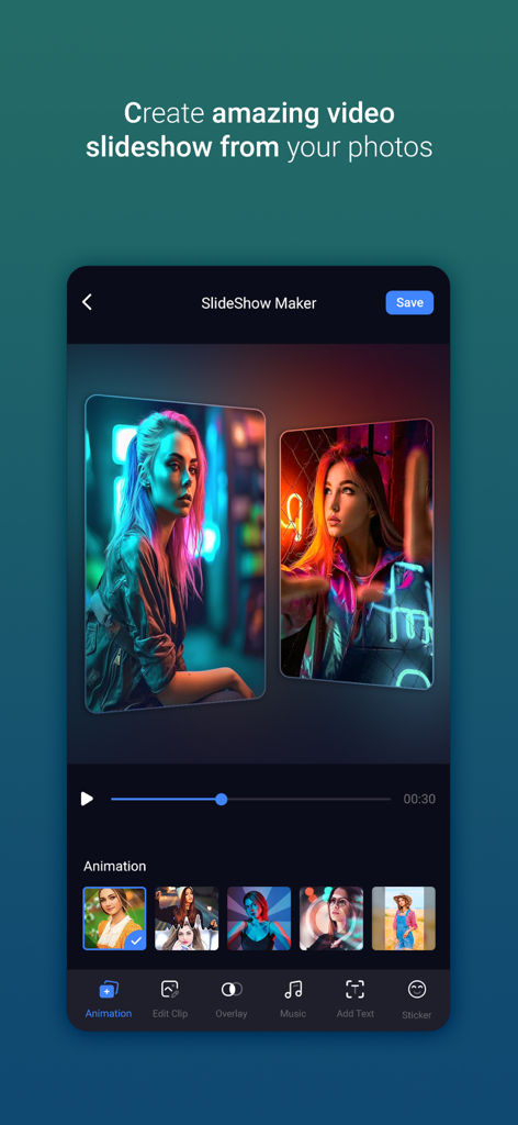 Interface of a mobile app to create amazing video slideshows from photos with music and animations
