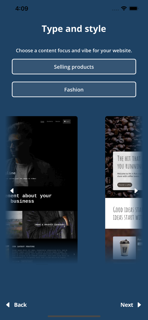n8: Create. Sell. Refresh. - N8 App-Oberfläche zur Auswahl eines Website-Stils und Inhaltsfokus mit Vorlagenvorschau