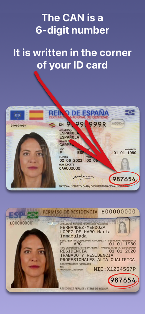 Instructions on finding the 6-digit CAN number on a Spanish ID or residence permit