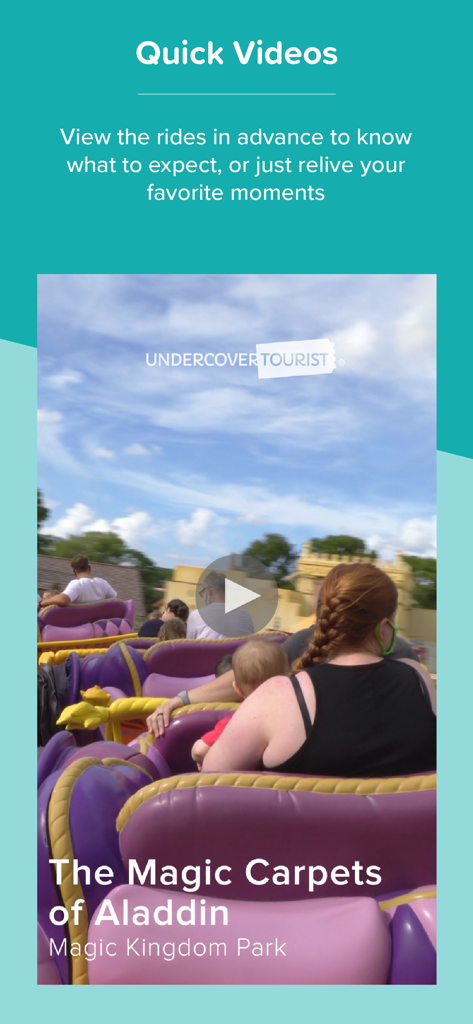 Orlando Theme Park Day - Orlando Theme Park Day app screen showing a quick video preview of The Magic Carpets of Aladdin ride at Magic Kingdom Park