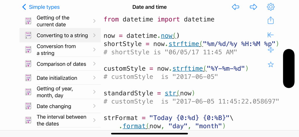 Una captura de pantalla de la aplicación Python y SQL Pro que muestra recetas de código Python para el formato de fecha y hora