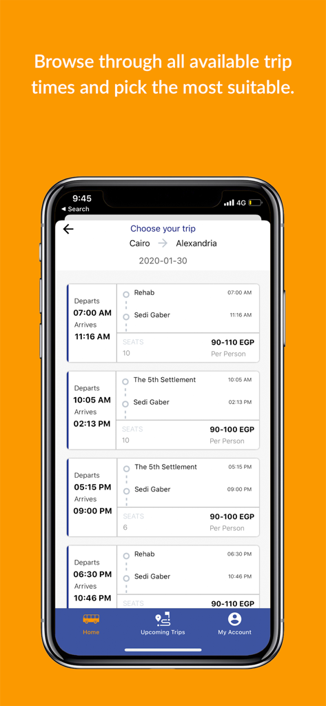 Pantalla de la aplicación GoMini que muestra opciones de viaje en camioneta con horarios de salida y precios para El Cairo a Alejandría