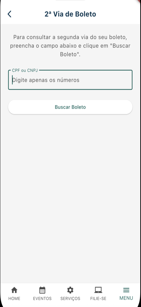 App APM - APM医療アプリのインターフェイス。ブラジルの納税者番号を使用して領収書の重複を検索するサービスページが表示されています。