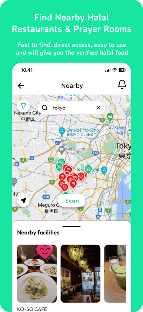 Halal Navi - Halal Navi app interface showing nearby halal restaurants and prayer rooms on a map of Tokyo