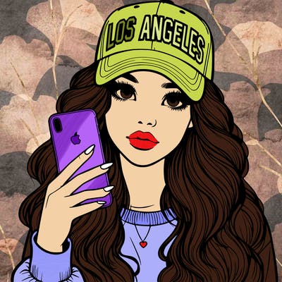 realistic beautiful girl wearing los ángeles cap holding an iphone