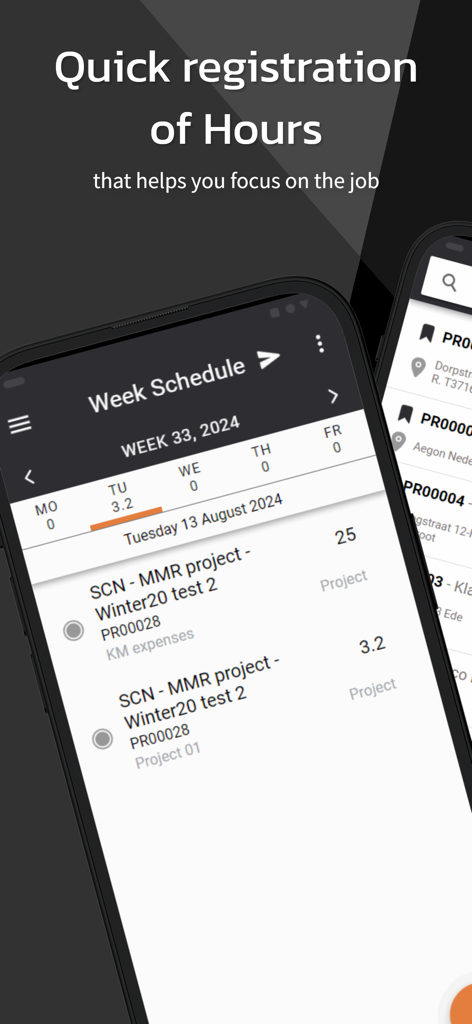 4PS Hours App - Mobile app interface of 4PS Hours showing quick time registration for construction projects