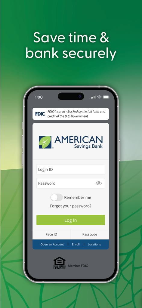 Login screen of the American Savings Bank Hawaii mobile app featuring secure login fields and FDIC-insured logo.