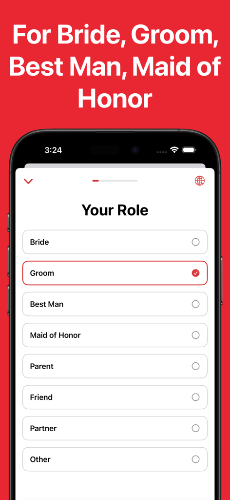 AI Wedding Speech Writer - Interfaz de la aplicación WedSpeak que muestra una lista de roles de boda como Novia, Novio, Padrino y Dama de Honor para la generación de discursos.