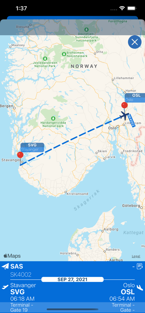 Mappa radar live che traccia un volo da Stavanger all'Aeroporto di Oslo nell'app OSL