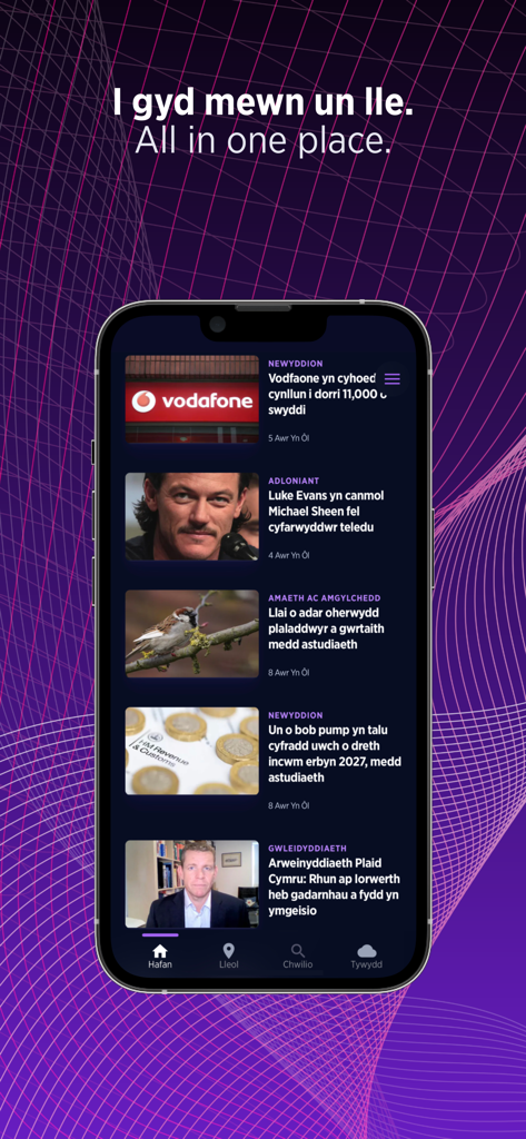 Newyddion S4C - The Newyddion S4C app interface showing a feed of news articles in Welsh on an iPhone.