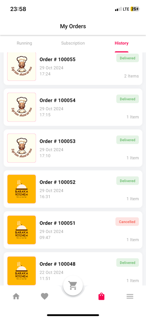 Order history screen in the Wajbati app displaying delivered and cancelled food orders from restaurants like Syrian Shawarma and Baraka Kitchen.