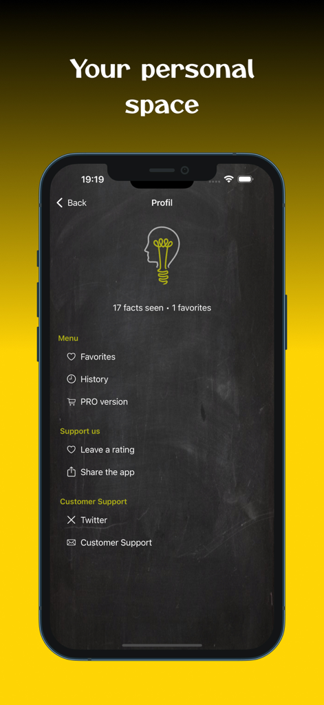 Pantalla de perfil de la app de datos interesantes ¿Lo sabías? mostrando estadísticas de datos vistos y favoritos del usuario