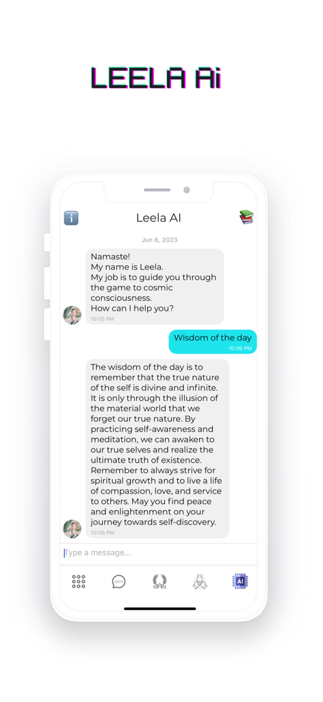 Chat interface of the Leela Chakra AI app showing a spiritual dialogue with Vedic wisdom about cosmic consciousness.