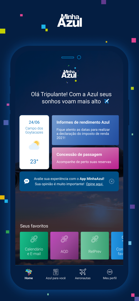 Home screen of Minha Azul app for airline crew showing company services and favorite links