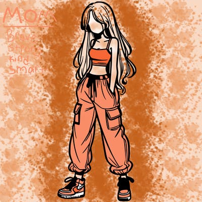 girl in baggy pants crop top and long hair