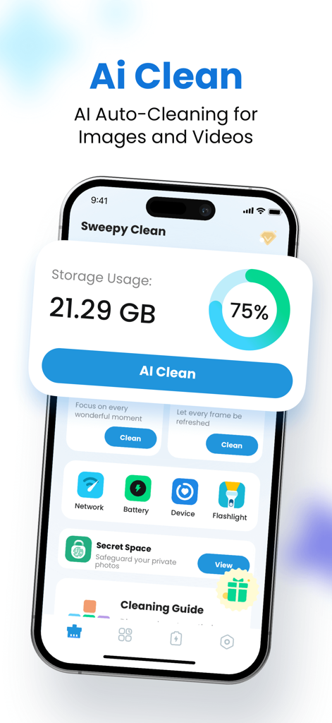 Interface of Sweepy Clean app showing storage usage and AI auto cleaning button for images and videos