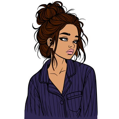 realistic woman with pajamas on and a messy bun