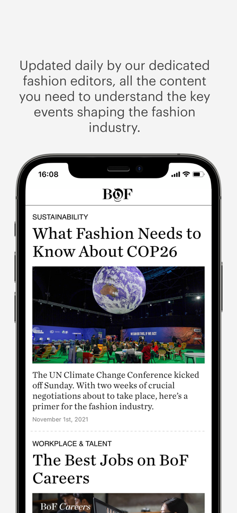 BoF Professional - Interfaz de la aplicación BoF Professional que muestra artículos de noticias de la industria de la moda sobre sostenibilidad y carreras profesionales