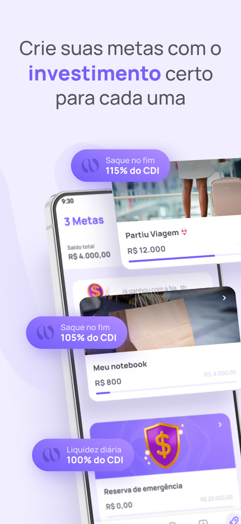 Schermata dell'app Nath che mostra obiettivi finanziari personalizzati come viaggi e fondi di emergenza con diverse percentuali di rendimento degli investimenti basate sul CDI.