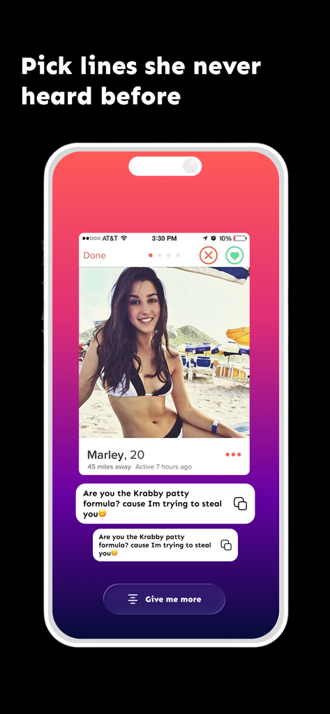 Mobile app screen showing AI rizz suggestions for a dating profile.