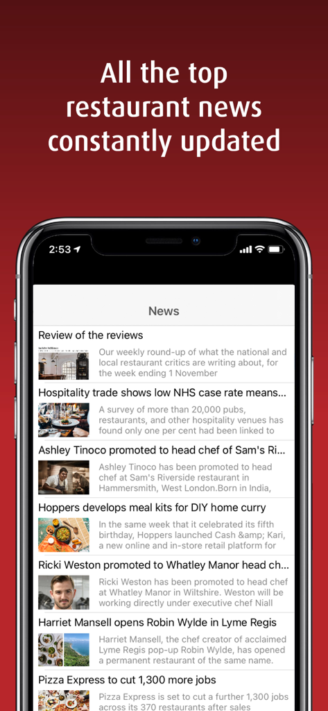 Hardens: Restaurant Guide - Smartphone screen displaying the latest restaurant industry news and culinary updates within the Hardens app.