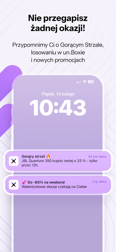 x-kom - inteligentny wybór - Écran de verrouillage du smartphone affichant les notifications de l'application x-kom pour les offres quotidiennes et les ventes flash