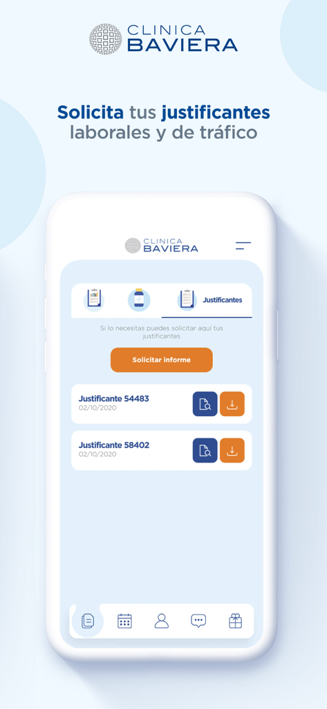 Área paciente Clinica Baviera - Smartphone screen of Clinica Baviera app showing medical certificates and work justifications available for download.