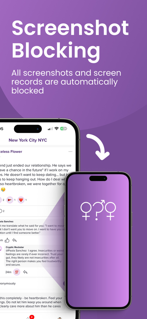 Grafik, die die Screenshot- und Bildschirmaufzeichnungs-Blockierungsfunktion der 'Sind wir mit demselben Kerl zusammen?'-App veranschaulicht.