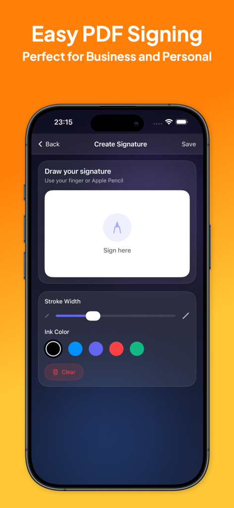Signature Maker - eSign Create - iPhone screen showing the signature creation interface with ink color and stroke width options