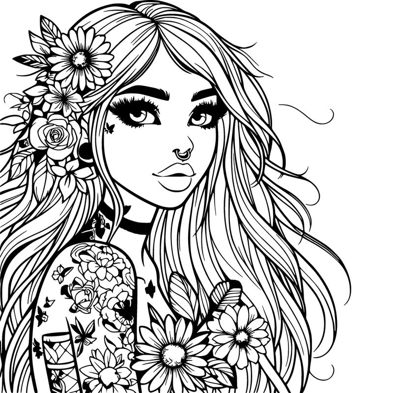 realistic girl with flowers and tattoos