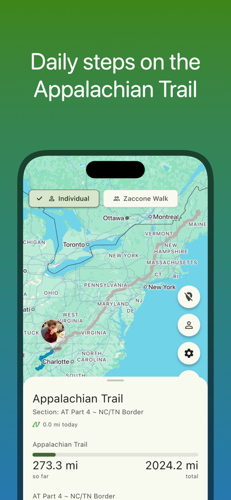 Walk The Distance - Walk The Distance app interface showing virtual walking progress on a map of the Appalachian Trail