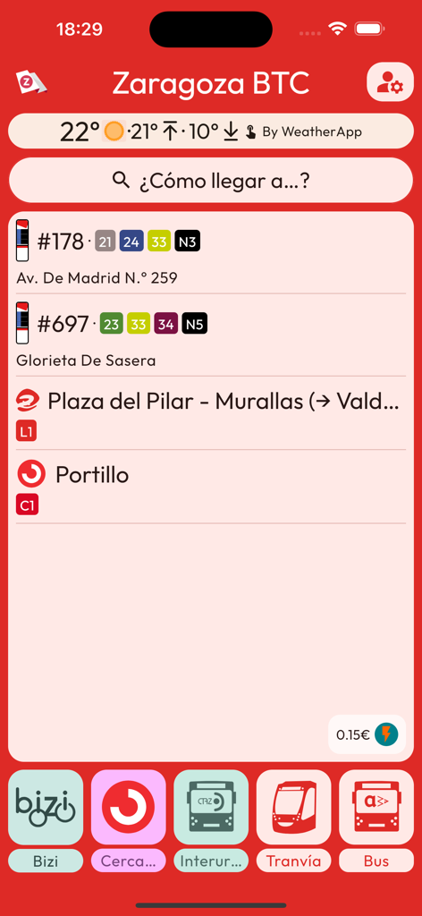Zaragoza Bus Tranvia Cercanias - Pantalla de inicio de la aplicación Zaragoza BTC mostrando el clima local y las opciones de transporte público para autobús, tranvía y tren