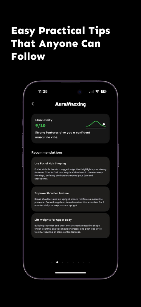 Aura Maxxing app interface showing a masculinity score and self-improvement recommendations for facial hair, posture, and fitness.